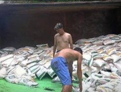 Truk Bawa 6,9 Ton Beras Bulog Terguling